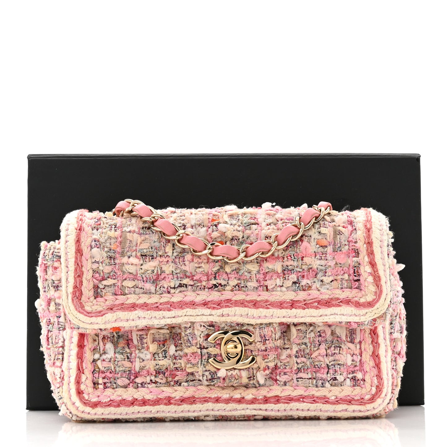 Tweed Braid Mini Flap White Pink