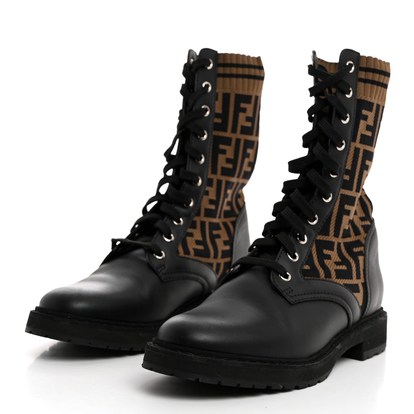 Calfskin Stretch Fabric FF Rockoko Biker Boots 38.5 Black Tobacco