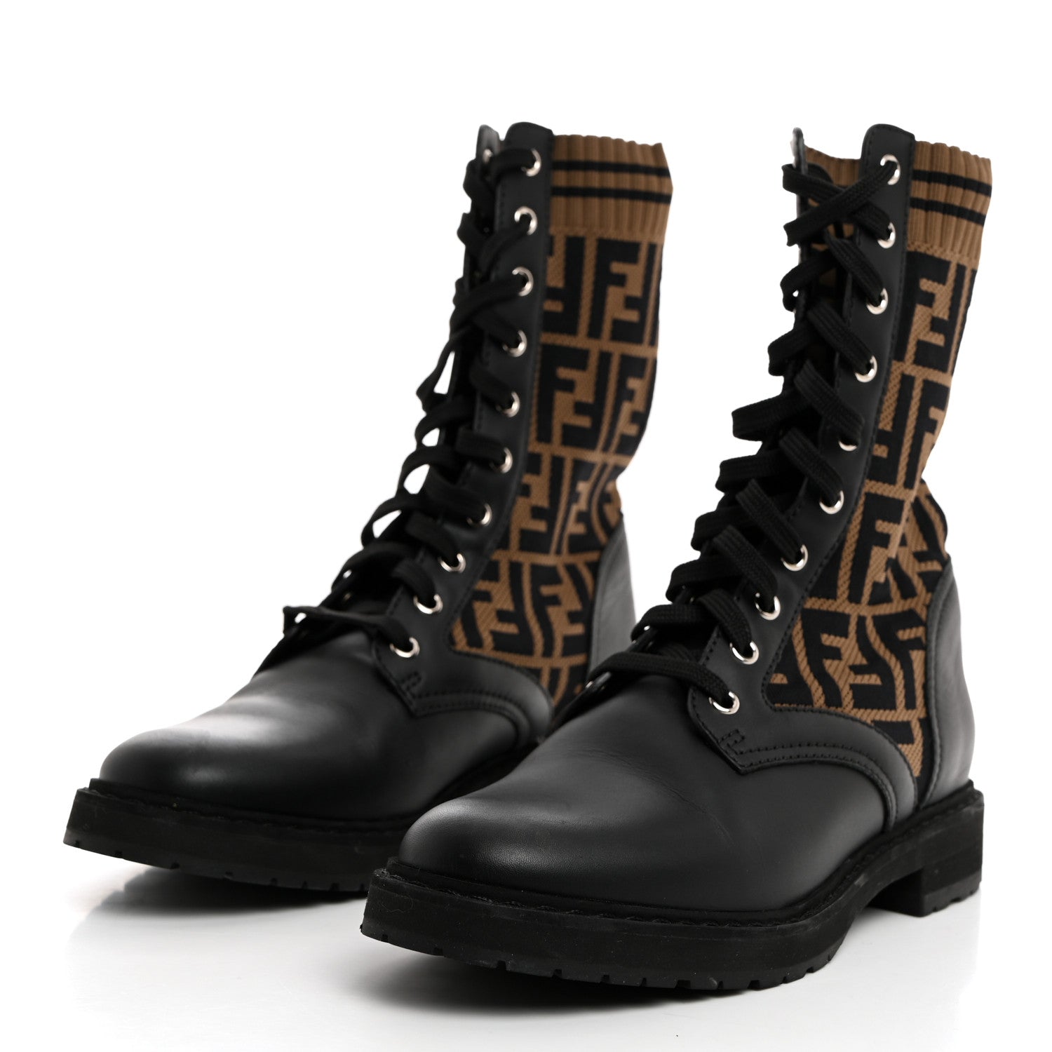 Fendi Calfskin Stretch Fabric FF Rockoko Biker Boots 38.5 Black Tobacco 3 of 7