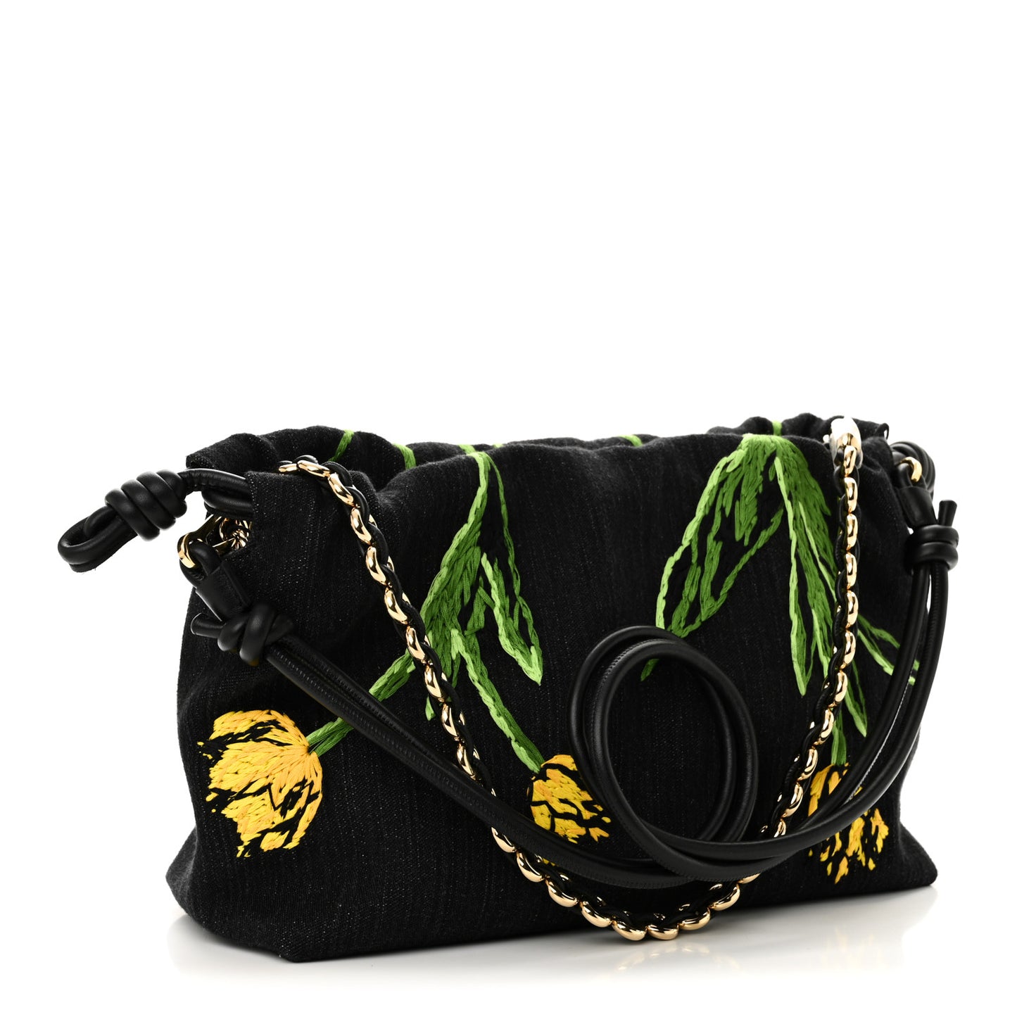 Denim Calfskin Tulip Paulas Ibiza Medium Donut Chain Flamenco Knot Clutch Black Multicolor