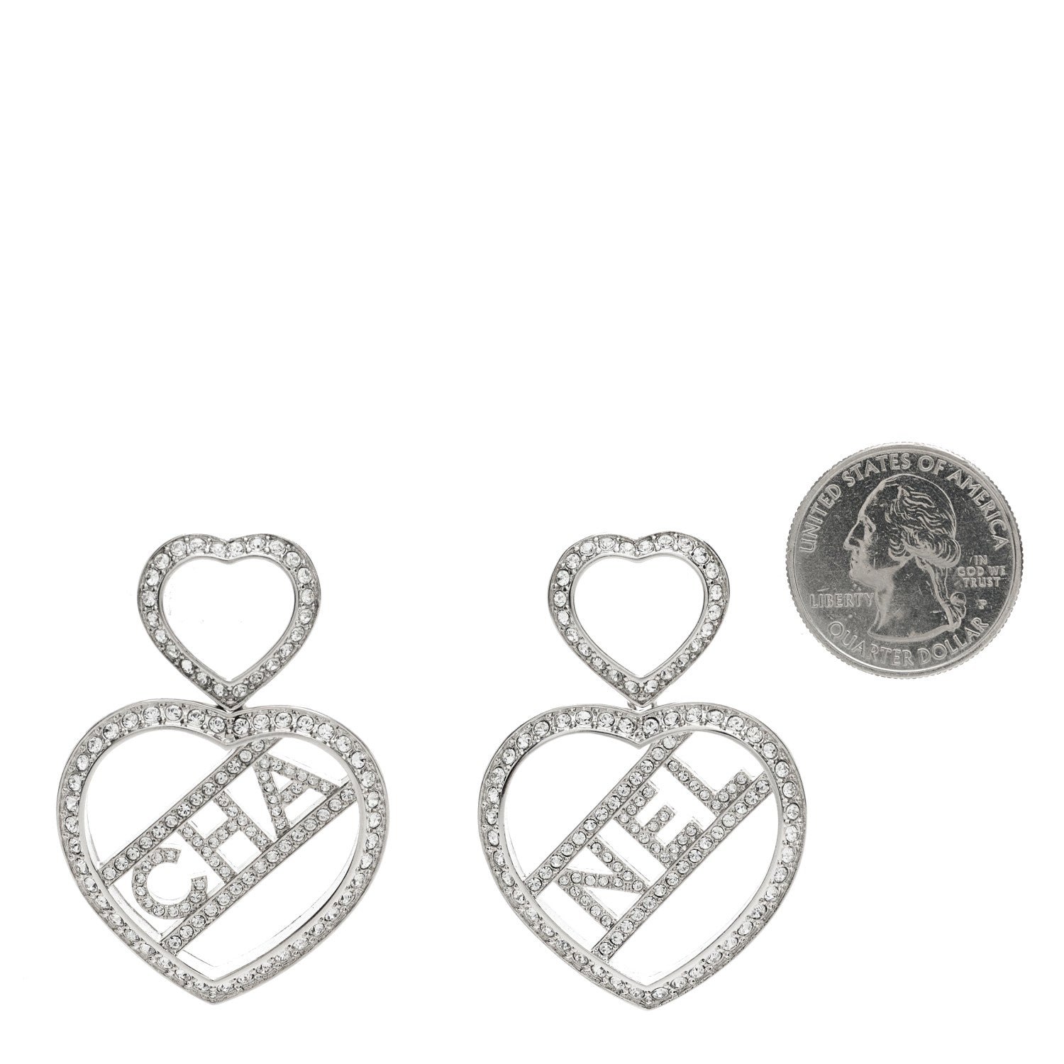 Chanel Crystal Metal CC Heart Drop Earrings Silver 2 of 4