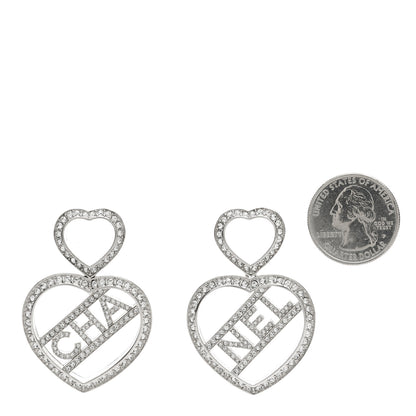 Chanel Crystal Metal CC Heart Drop Earrings Silver 2 of 4