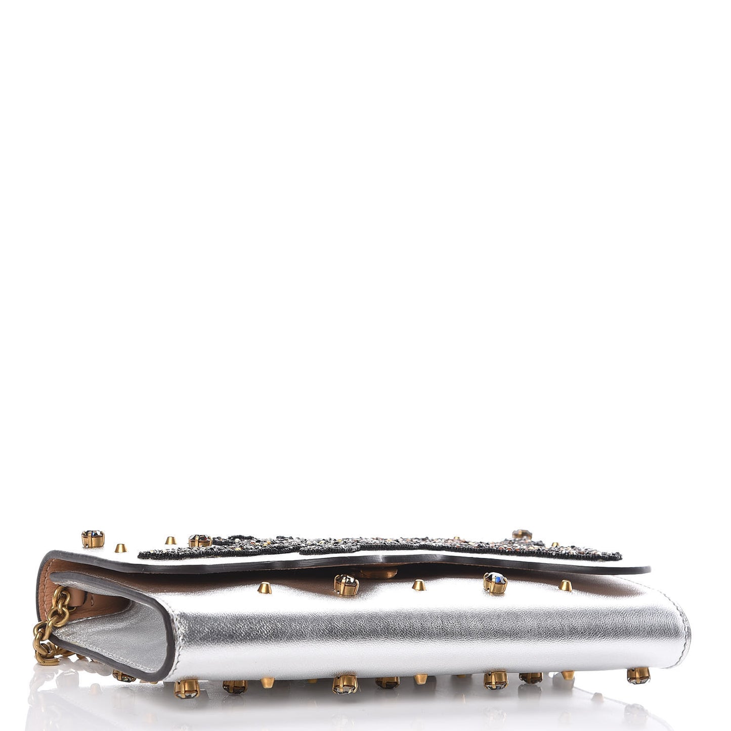 Metallic Nappa Embellished Tiger Broadway Chain Clutch Silver