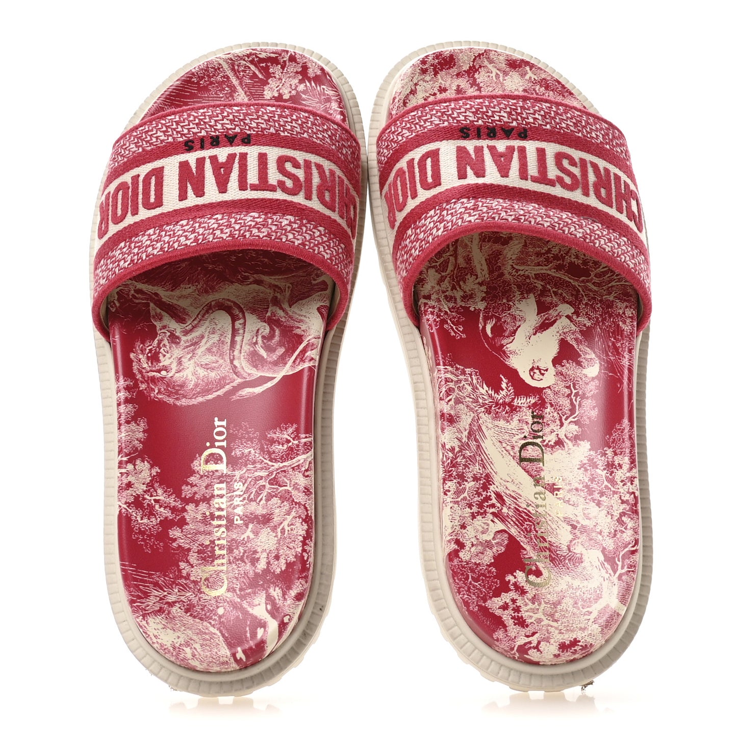 Canvas Toile de Jouy Embroidered Dway 10mm Slide Sandals 36.5 Off White Raspberry