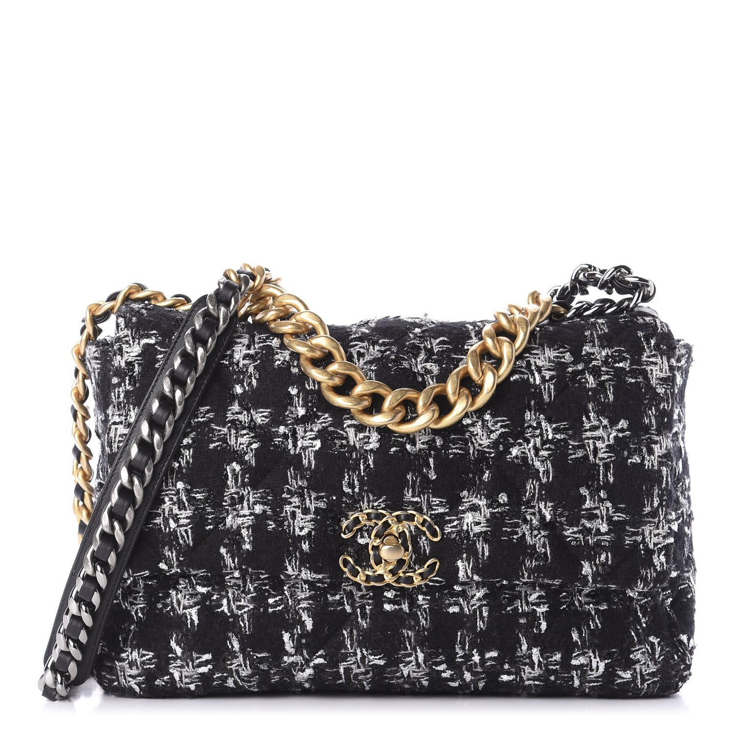 Tweed Quilted Large 19 Flap Black Ecru White