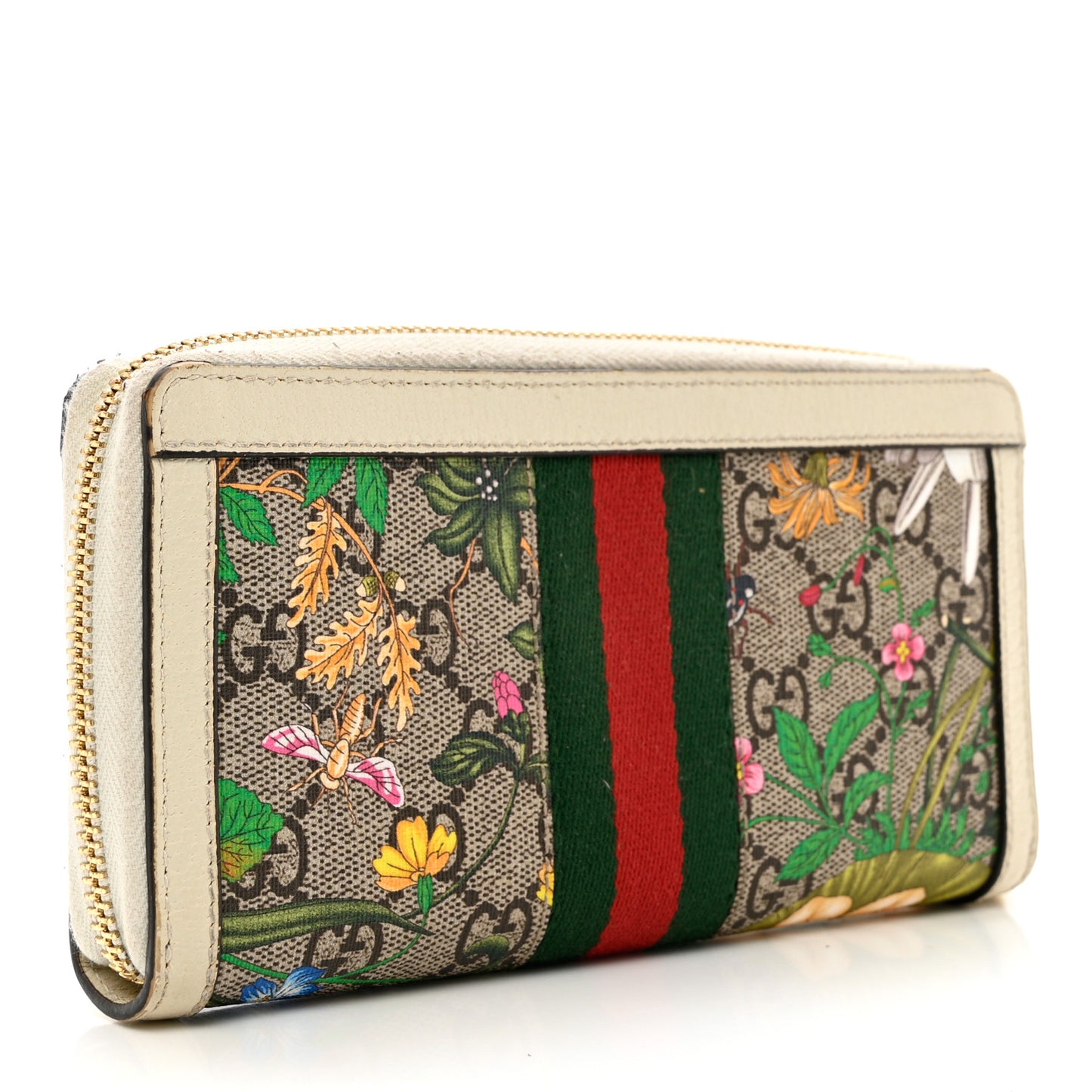 GG Supreme Monogram Flora Ophidia Zip Around Wallet White