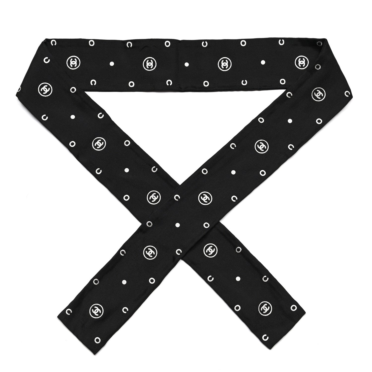 Chanel Silk CC Polka Dot Slim Bandeau Scarf Black Silver 1 of 3