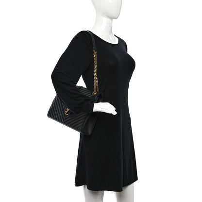 Saint Laurent Grain De Poudre Matelasse Chevron Large Monogram Satchel Black 3 of 9