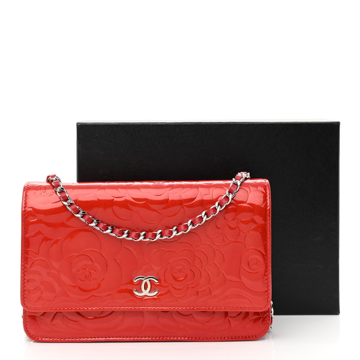 Patent Camellia Embossed Wallet On Chain WOC Dark Red