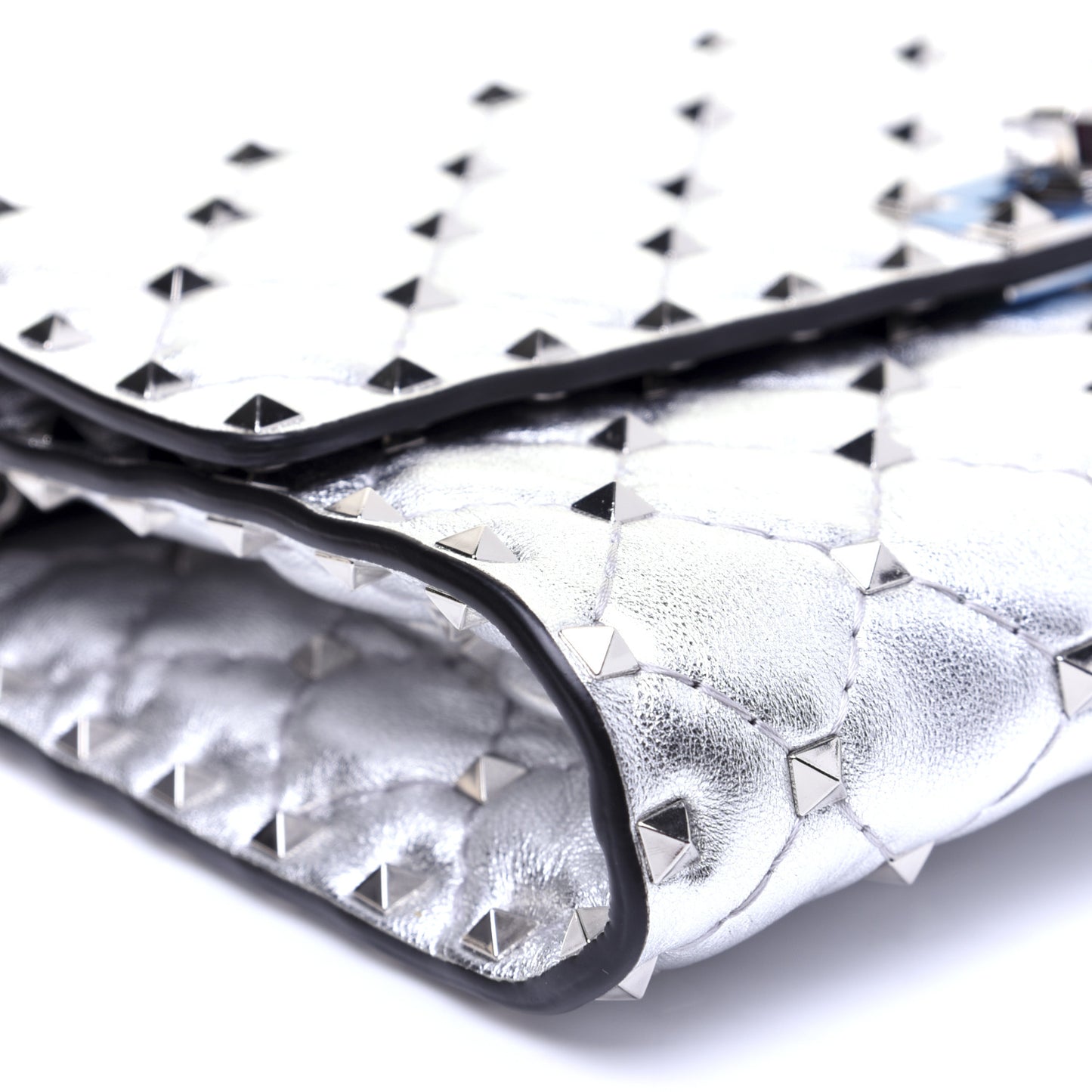 Metallic Lambskin Rockstud Spike Wallet on Chain Silver