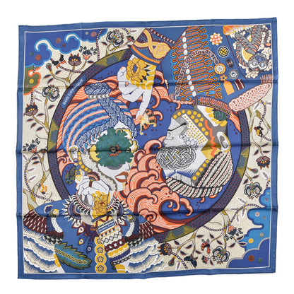 Hermes Silk Twill Duo Cosmique Scarf 90 Bleu Moyen Vert Ocre 1 of 5