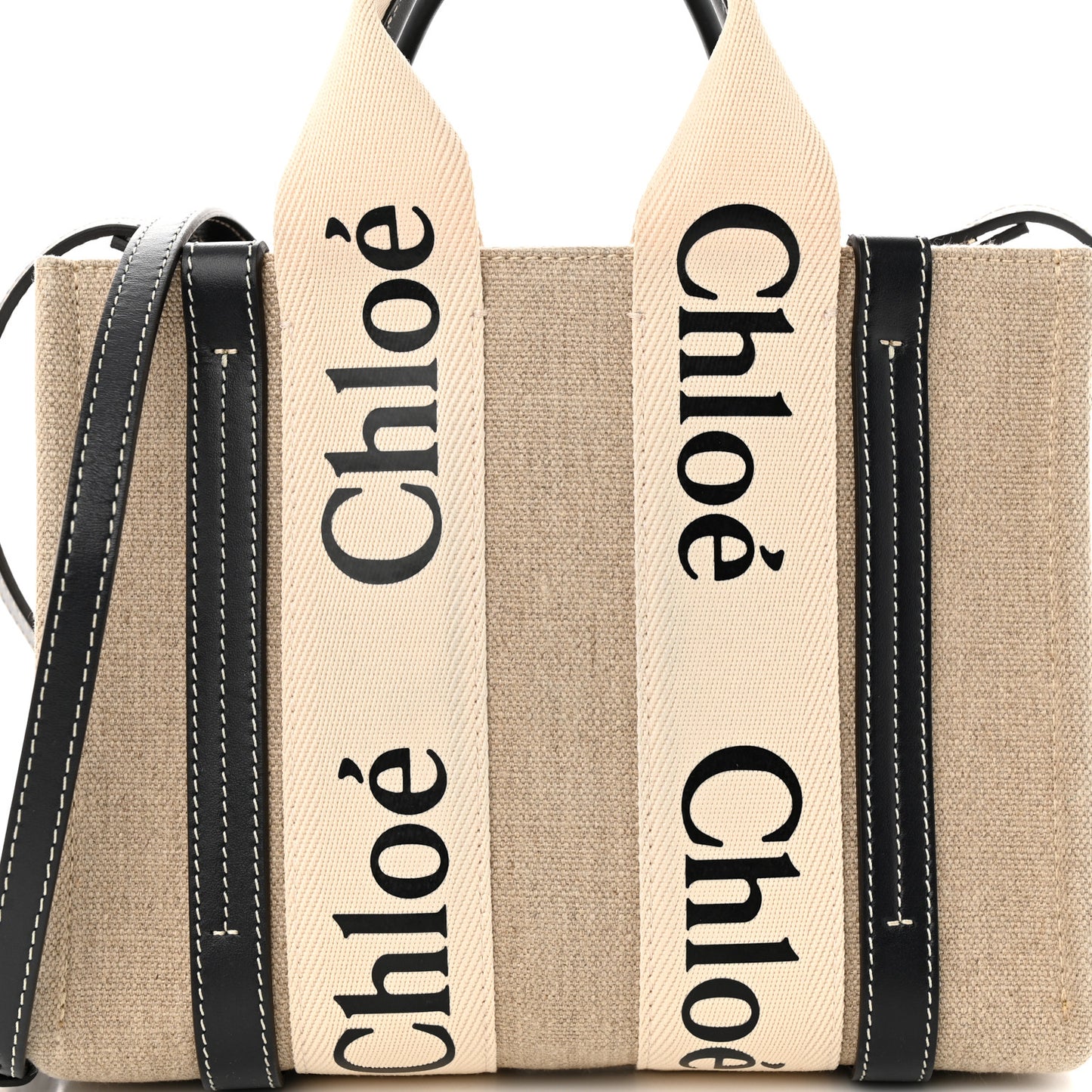 Linen Calfskin Small Woody Ribbon Tote White Black