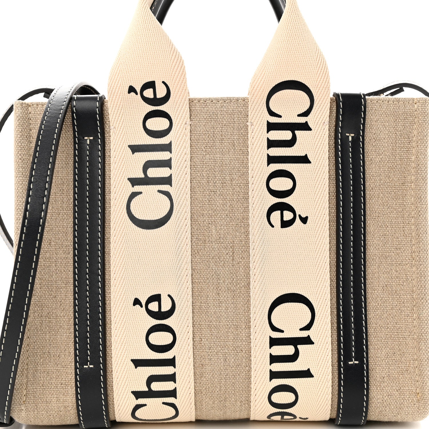 Chloe Linen Calfskin Small Woody Ribbon Tote White Black 8 of 10