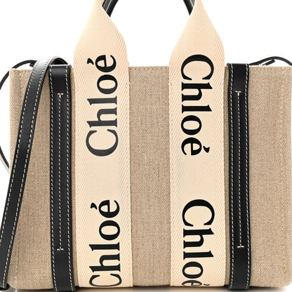 Chloe Linen Calfskin Small Woody Ribbon Tote White Black 8 of 10