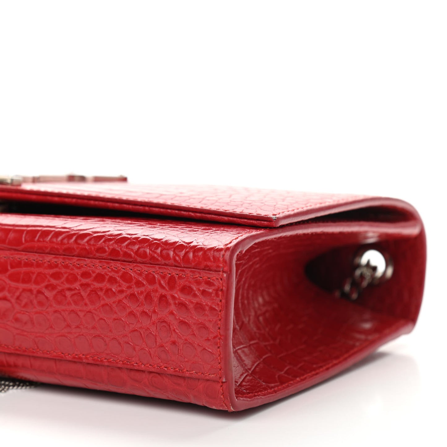 Calfskin Crocodile Embossed Medium Classic Monogram Kate Tassel Satchel Red
