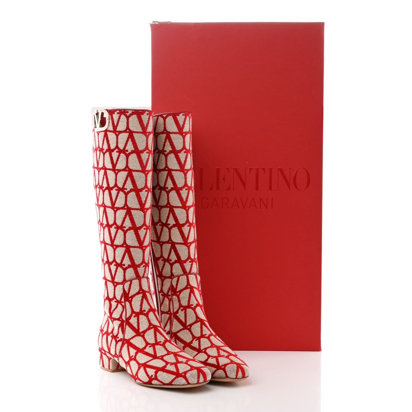 Toile Iconographe Calfskin Vlogo Knee High 30mm Boots 39 Naturale Rosso Valentino