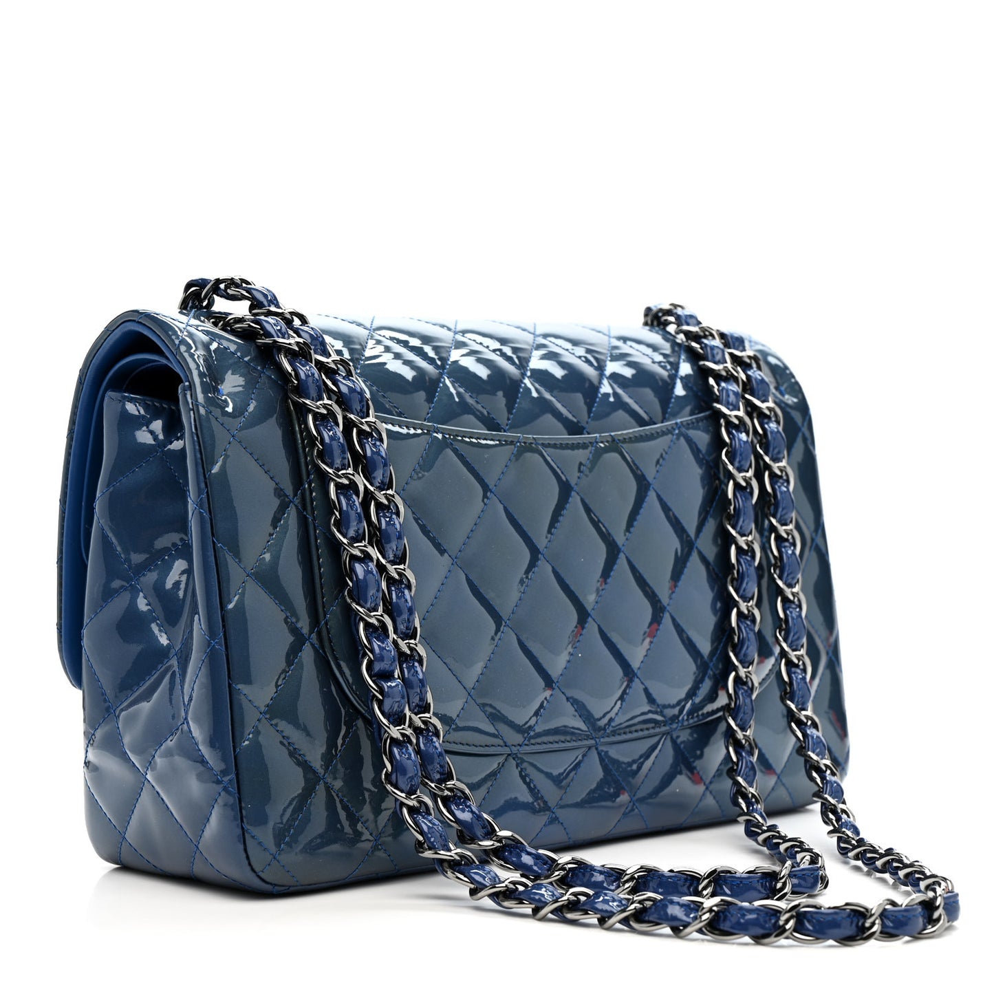 Patent Calfskin Quilted Jumbo Double Flap Blue