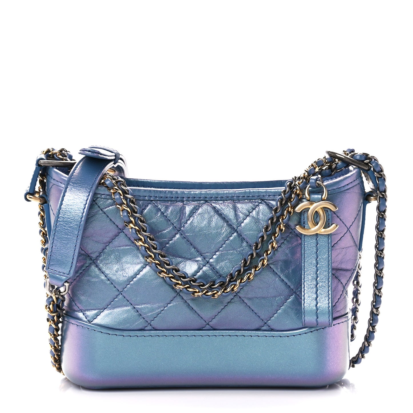 Iridescent Aged Calfskin Quilted Small Gabrielle Hobo Blue