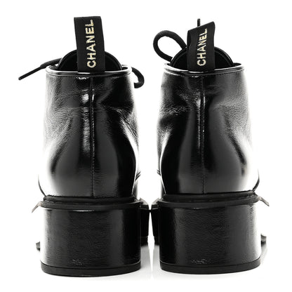 Chanel Shiny Calfskin Pearl Lace Up Combat Short Boots 38 Black 6 of 10