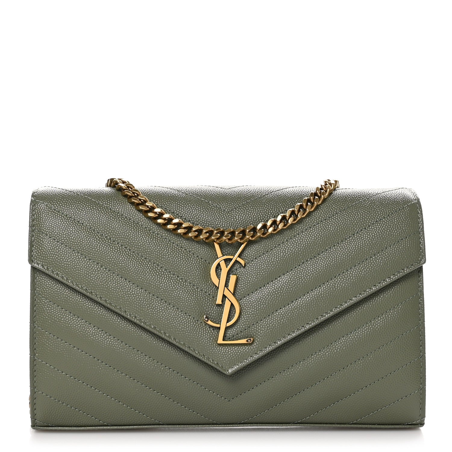 Saint Laurent Grain De Poudre Matelasse Chevron Monogram Chain Wallet Light Sage 1 of 10