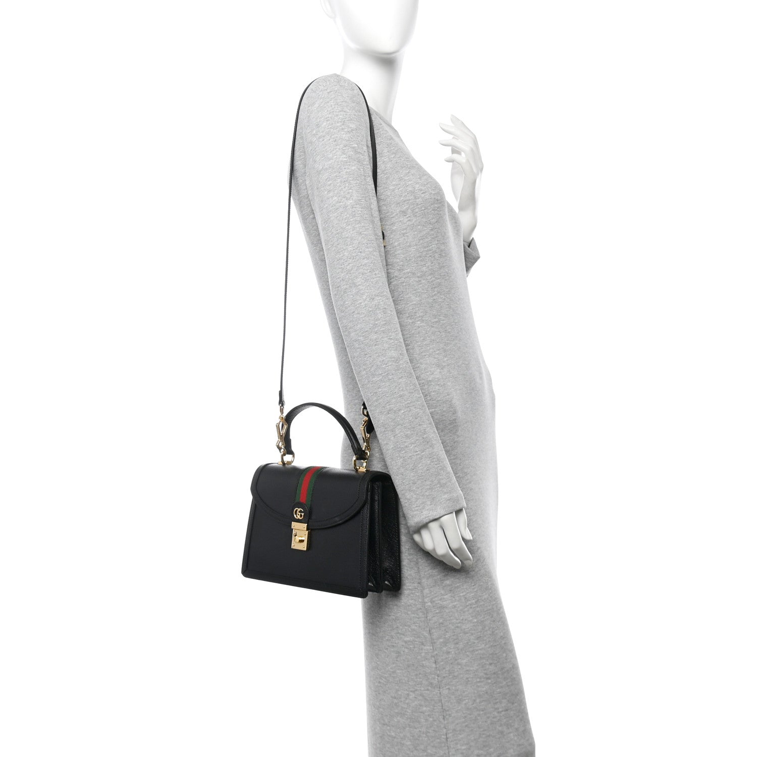 Gucci Textured Dollar Calfskin Web Small Ophidia Padlock Top Handle Bag Black 2 of 11