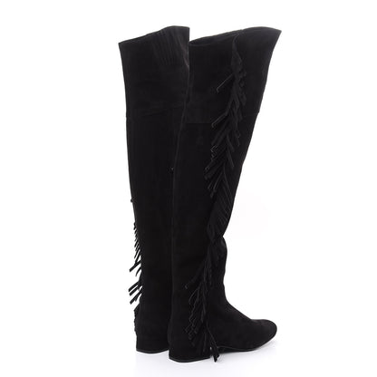 Saint Laurent Suede Goatskin BB 20 Over The Knee Fringed Boots 37.5 Black 4 of 7