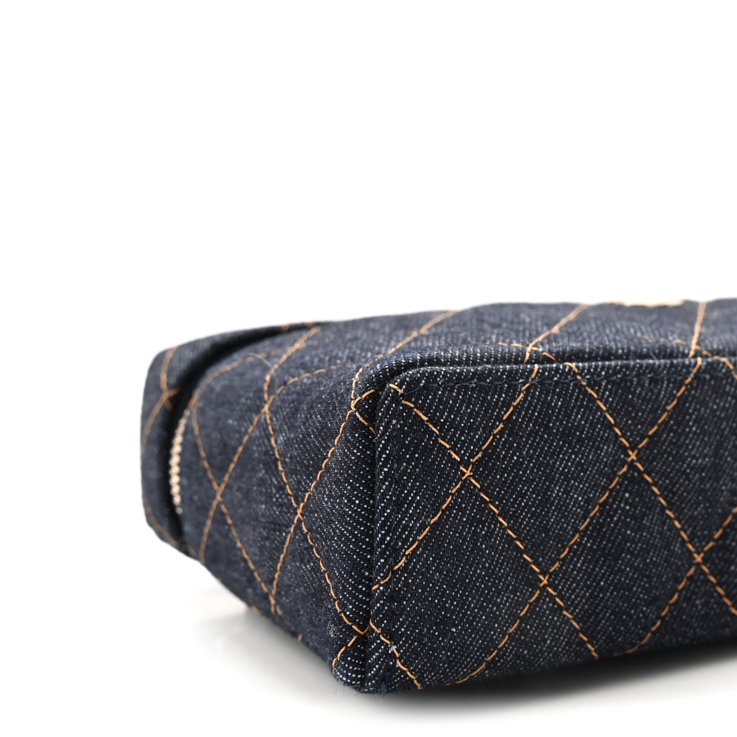 Denim Quilted Top Handle Slim Vanity Case With Chain Dark Blue Orange