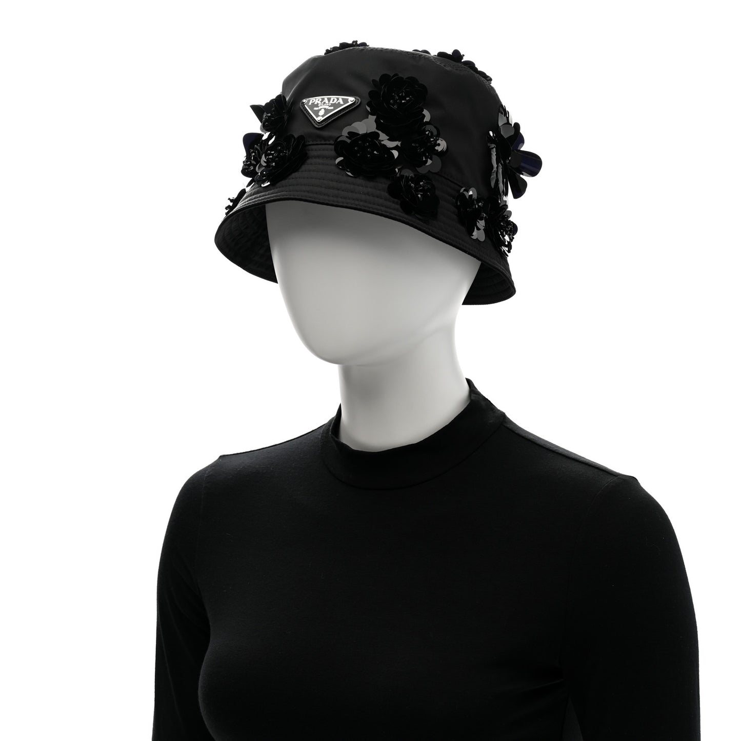 Re-Nylon Metal Triangle Logo Sequin Floral Embellished Bucket Hat L Black