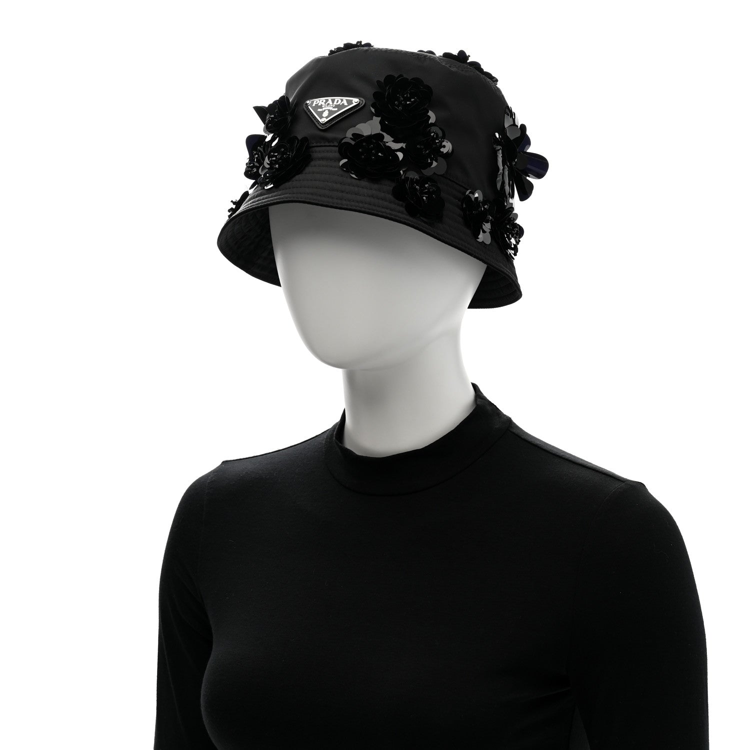 Prada Re-Nylon Metal Triangle Logo Sequin Floral Embellished Bucket Hat L Black 2 of 8