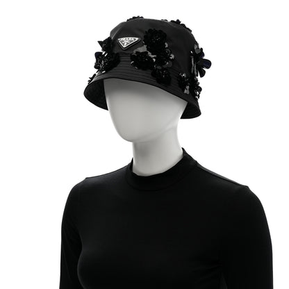 Prada Re-Nylon Metal Triangle Logo Sequin Floral Embellished Bucket Hat L Black 2 of 8