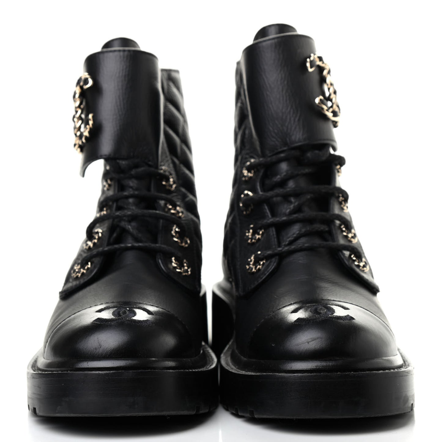Shiny Goatskin Calfskin Quilted Lace Up Combat Boots 37 Black