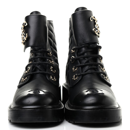 Chanel Shiny Goatskin Calfskin Quilted Lace Up Combat Boots 37 Black 2 of 7