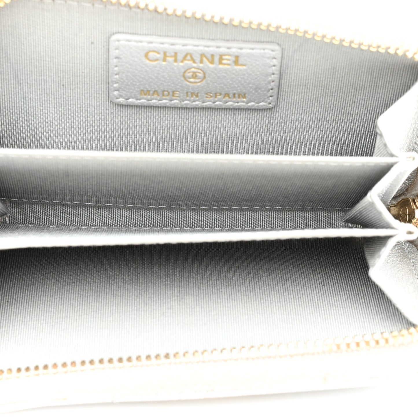 Metallic Lambskin Quilted 19 Zip Around Coin Purse Wallet Silver