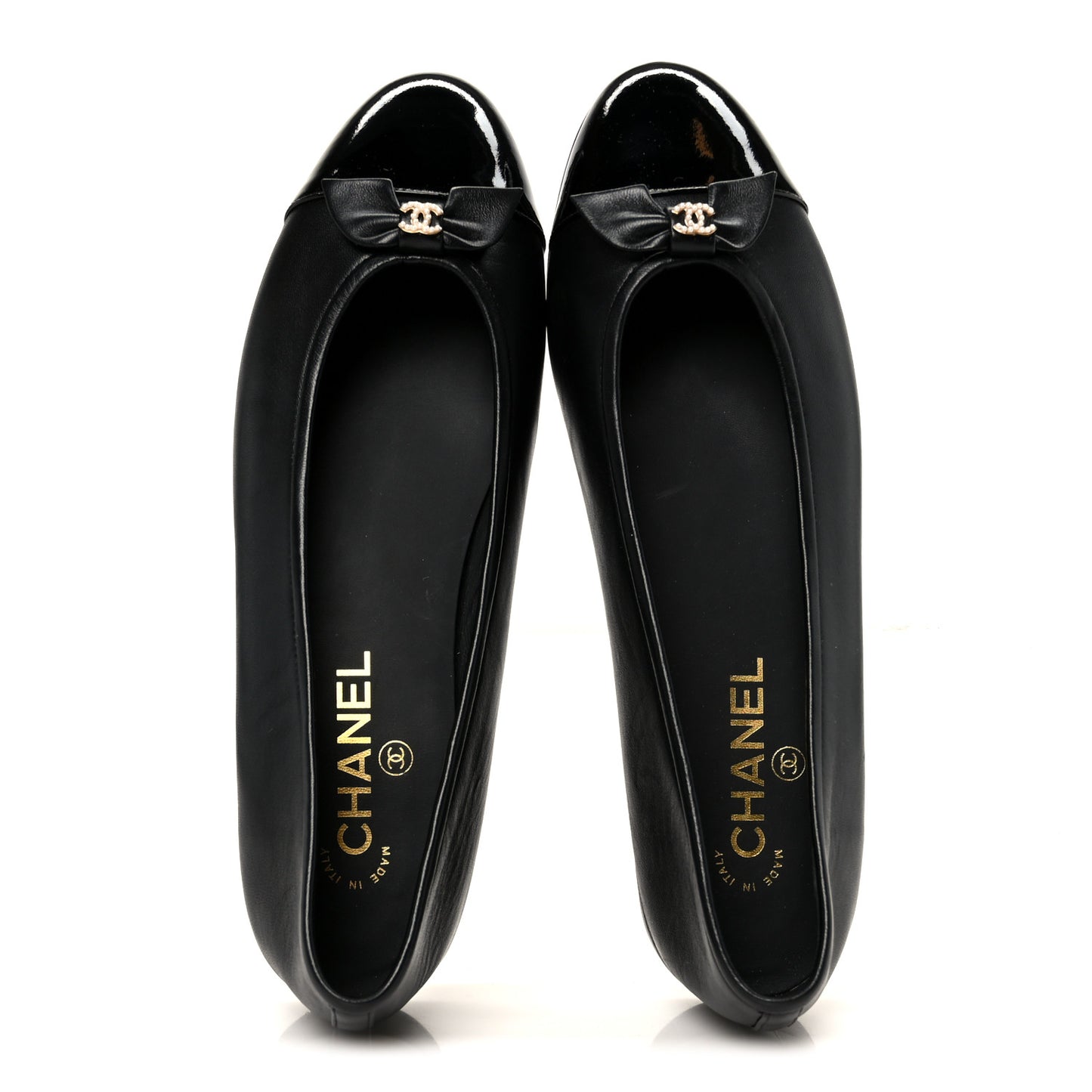Lambskin Patent Cap Toe Pearl CC Ballerina Flats 40 Black