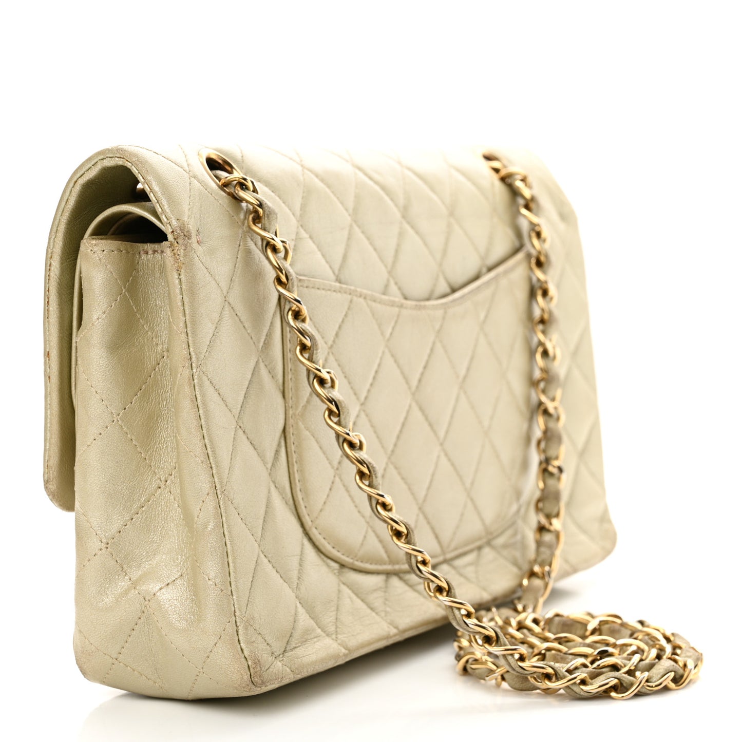 Metallic Lambskin Quilted Medium Double Flap Gold