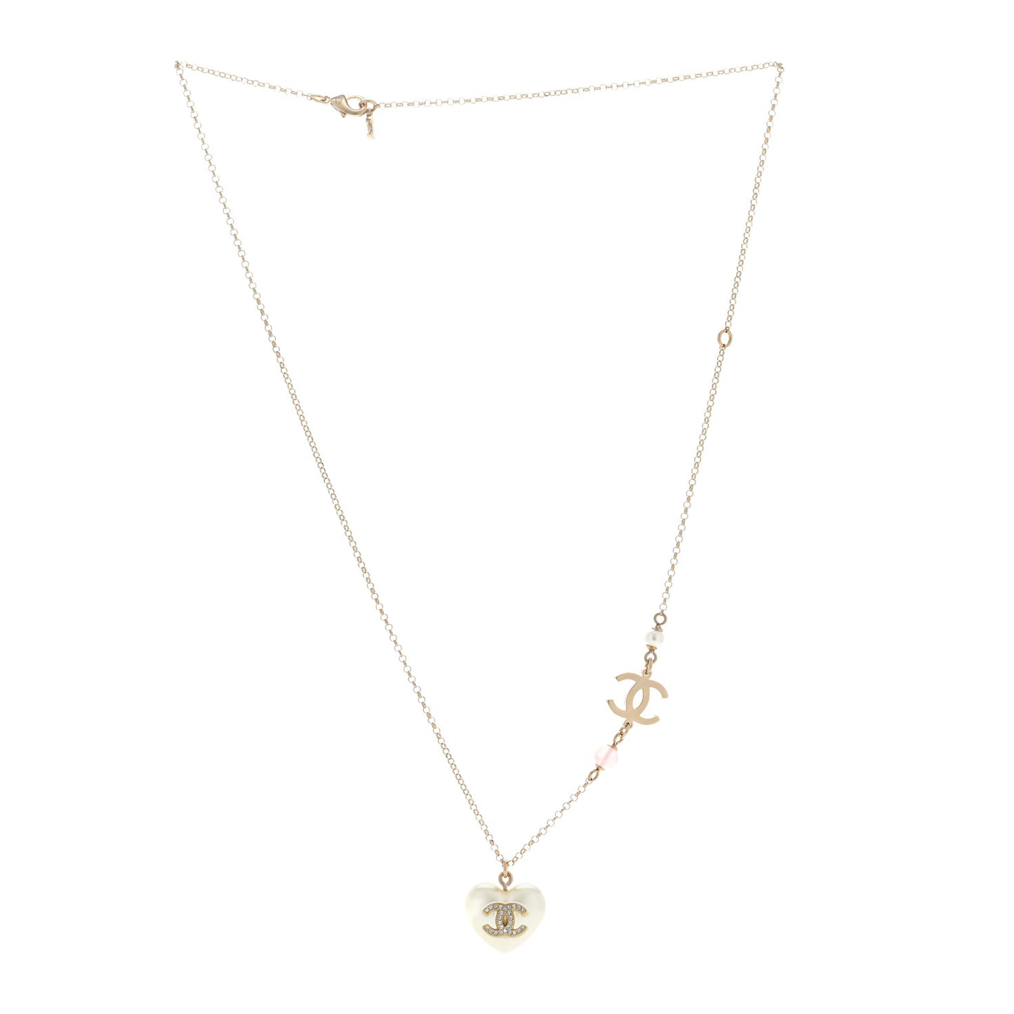 Resin Crystal CC Heart Necklace Pearly White Gold