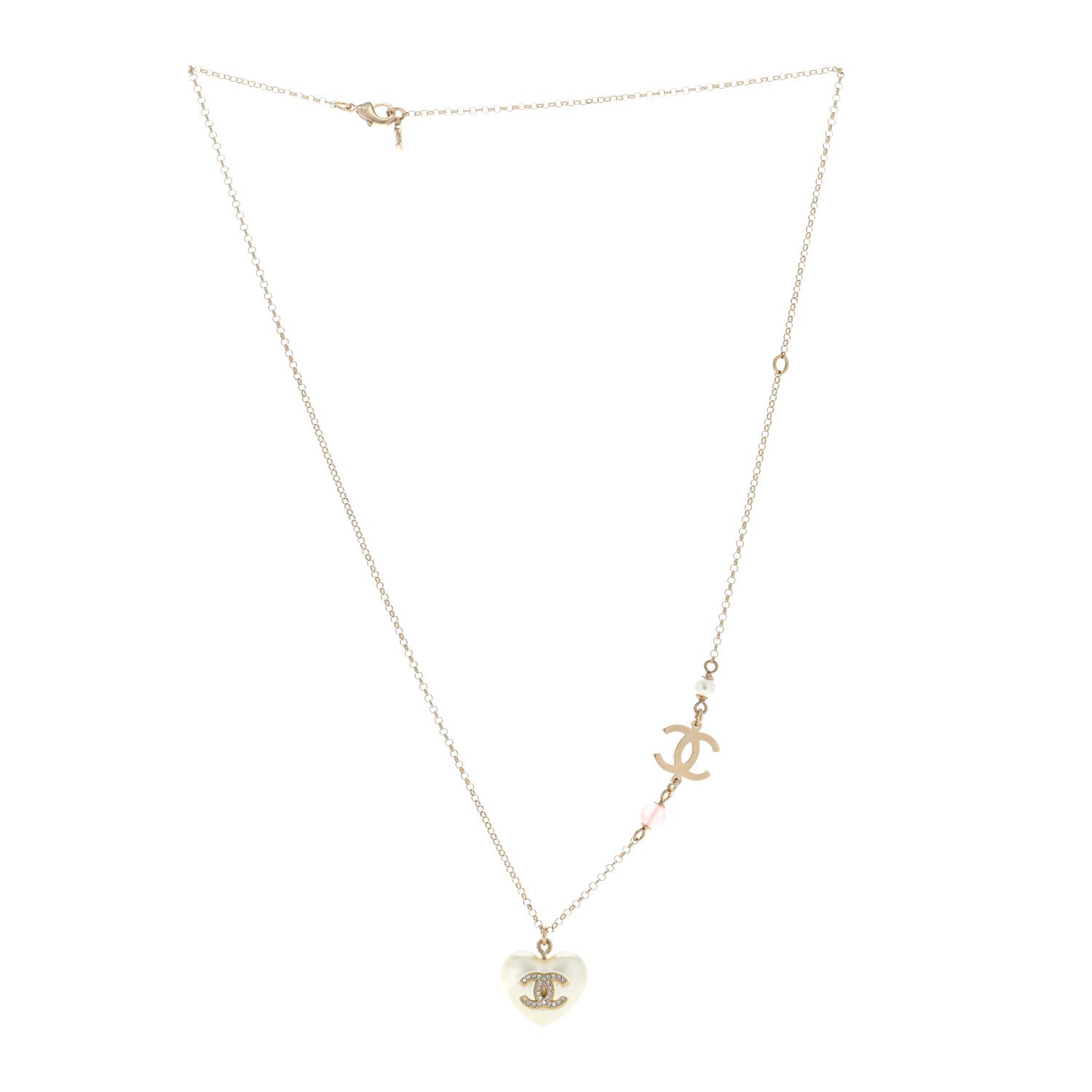Chanel Resin Crystal CC Heart Necklace Pearly White Gold 3 of 7