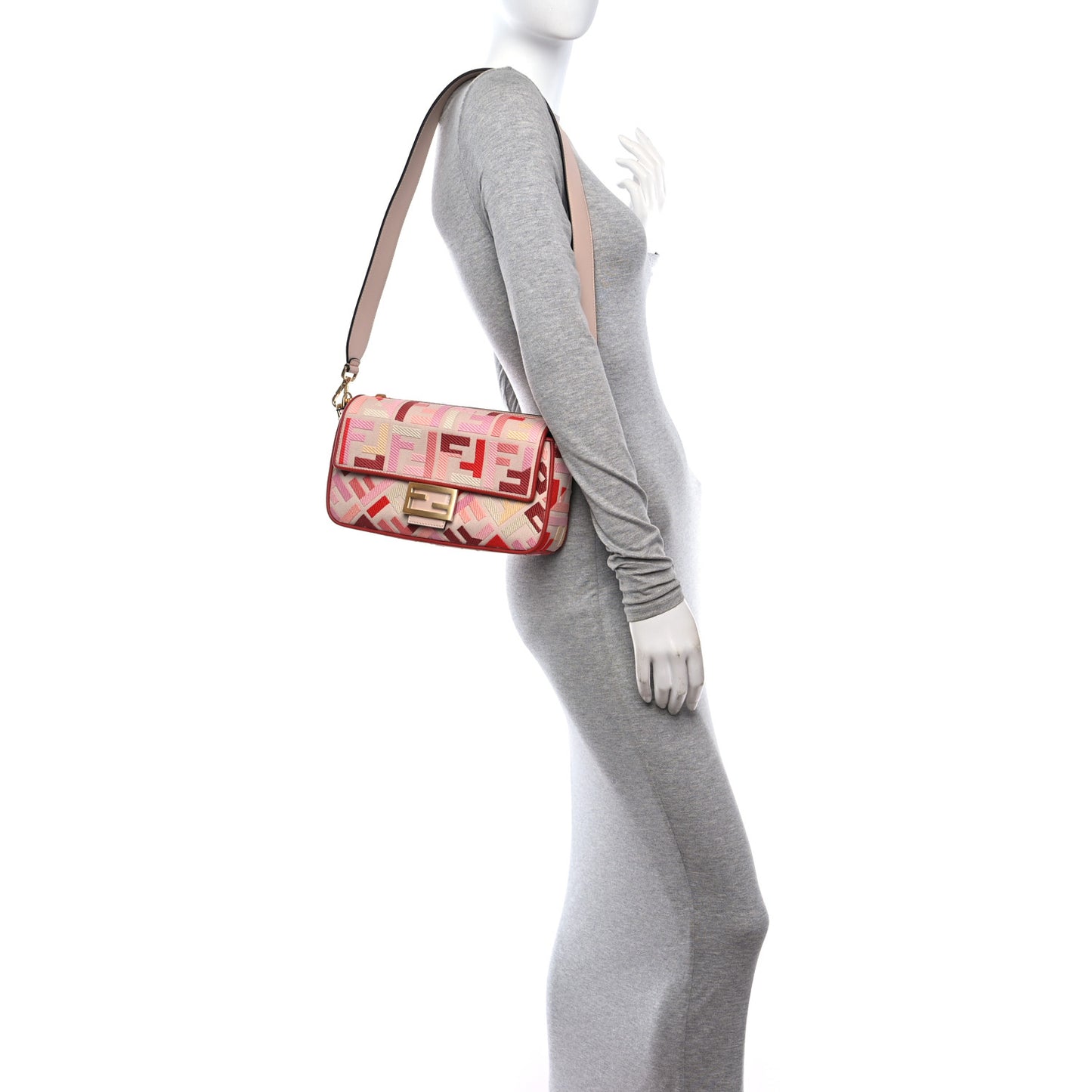 Canvas Vitello King FF Embroidered Baguette Rosa Quarzo Bloody Mary Multicolor