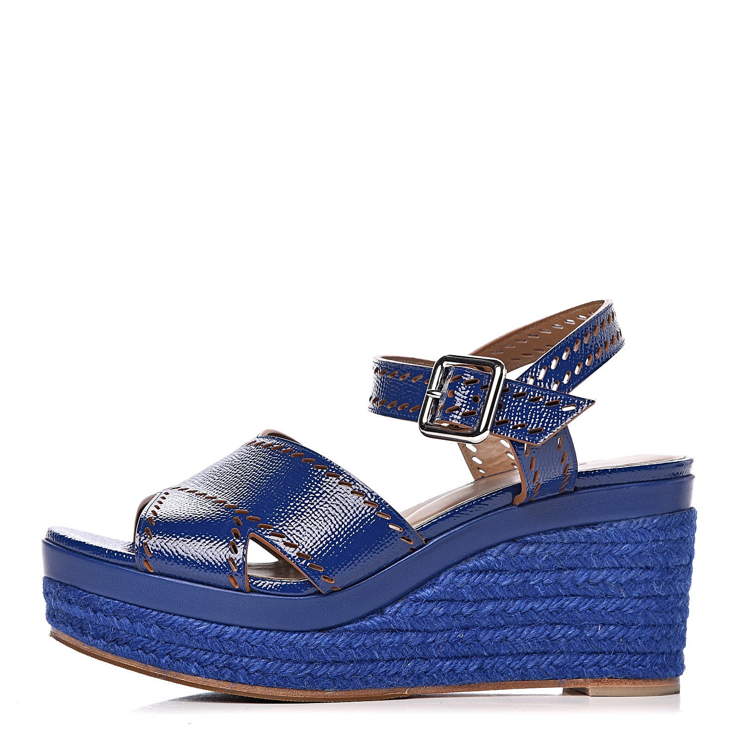 Hermes Patent Epsom Perforated Espadrille Wedge Sandals 36.5 Bleu Saphir 1 of 10