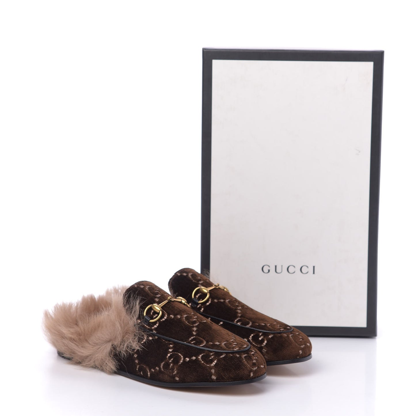 Velvet GG Monogram Fur Womens Princetown Slippers 38.5 Brown Black Natural