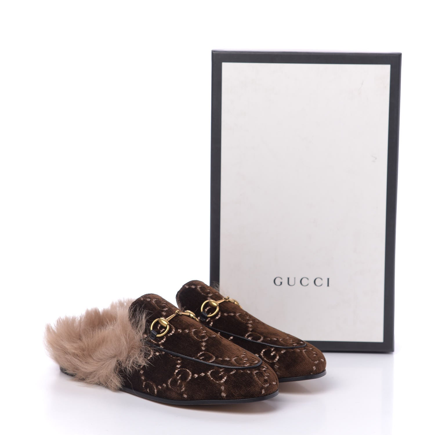 Gucci Velvet GG Monogram Fur Womens Princetown Slippers 38.5 Brown Black Natural 9 of 9