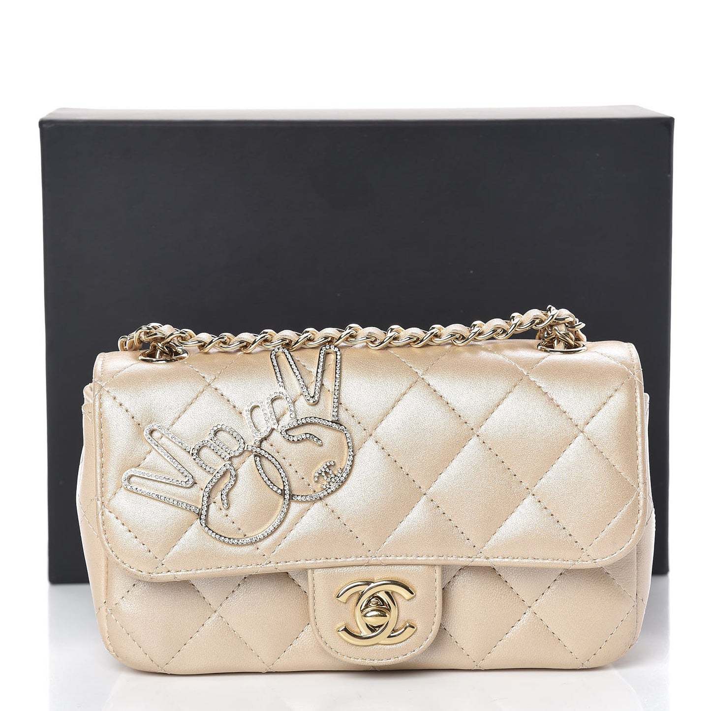 Metallic Lambskin Quilted Extra Mini V For Victory Flap Light Gold