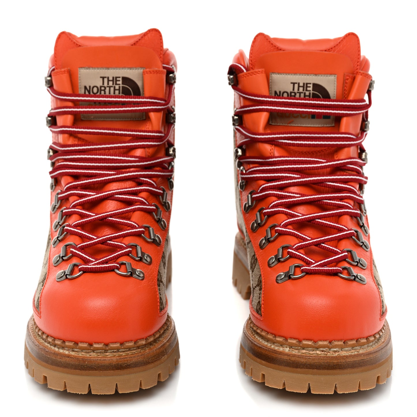 X THE NORTH FACE Monogram Textured Calfskin Mens Hiking Ankle Boots 7 Beige Ebony Deep Orange