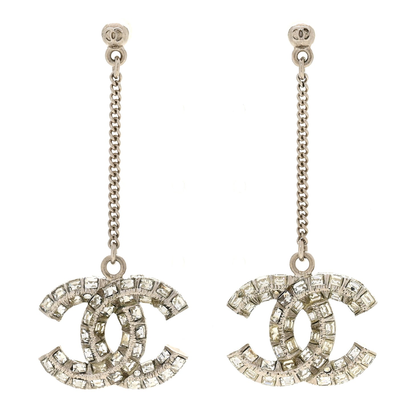 Baguette Crystal CC Drop Earrings Silver
