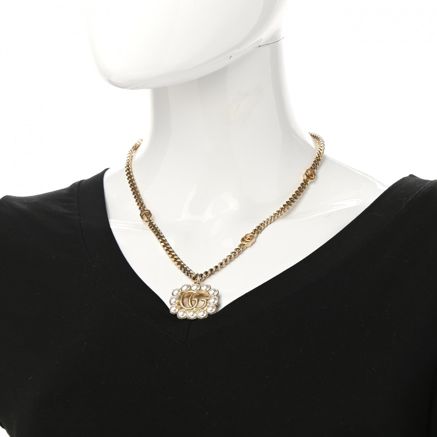 Gucci Pearl Embellished Double G Necklace Aged Gold 2 of 6