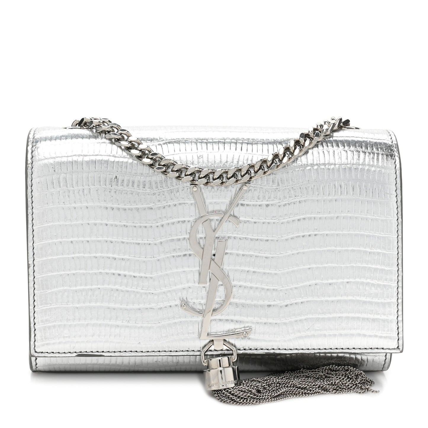Metallic Calfskin Crocodile Embossed Small Classic Monogram Kate Tassel Satchel Silver