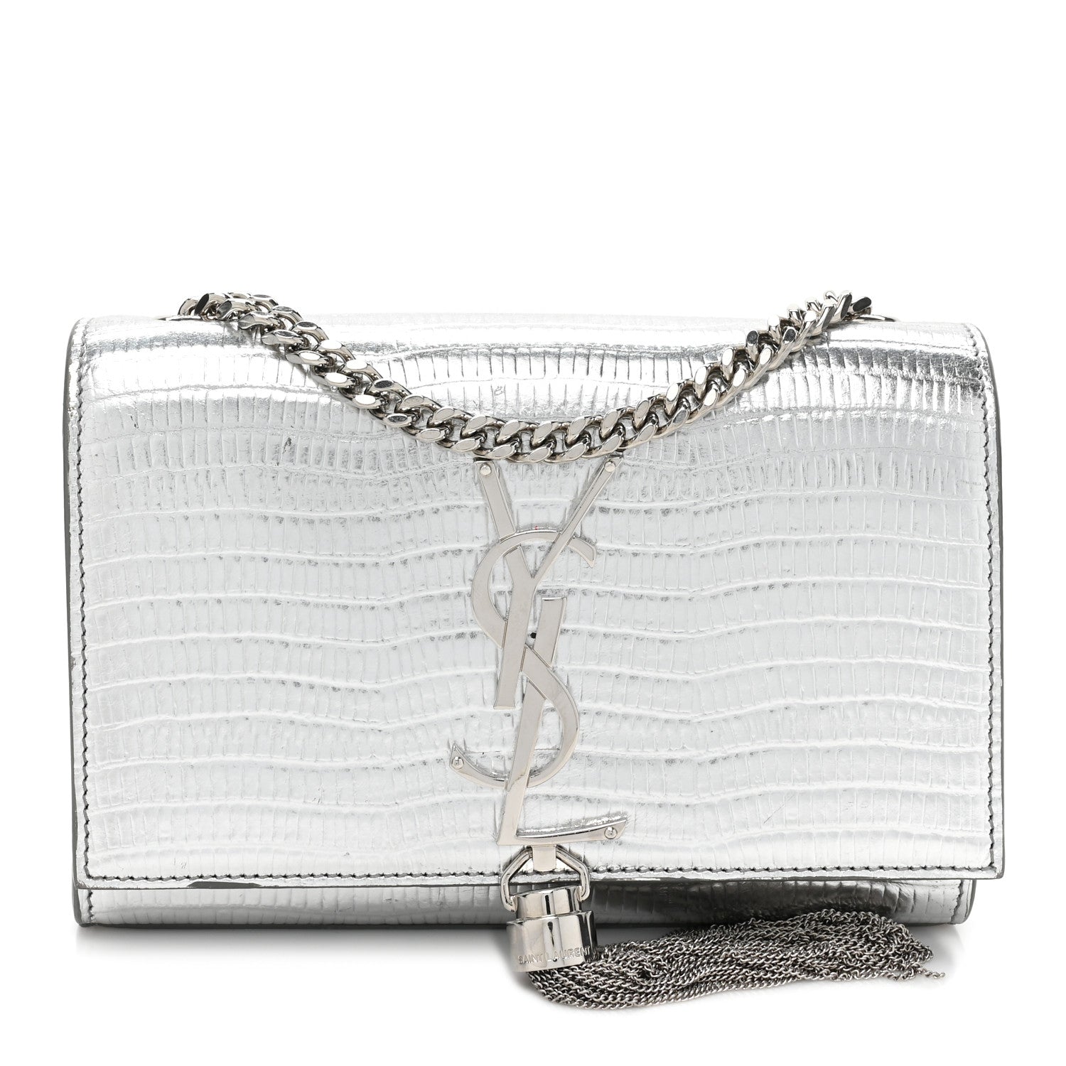 Saint Laurent Metallic Calfskin Crocodile Embossed Small Classic Monogram Kate Tassel Satchel Silver 1 of 11