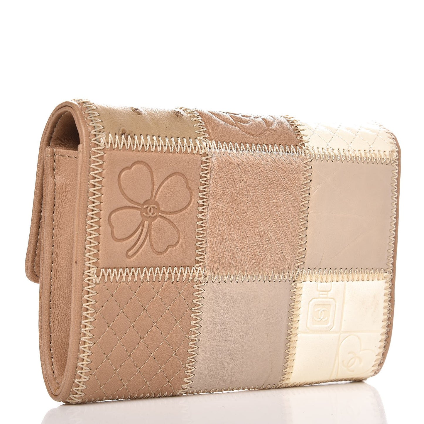Lambskin Ostrich Pony Hair Patchwork Precious Symbols Small Flap Wallet Beige