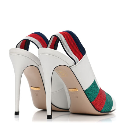 Gucci Calfskin Glitter Web High Heel Slingback Pumps 39 White 3 of 4