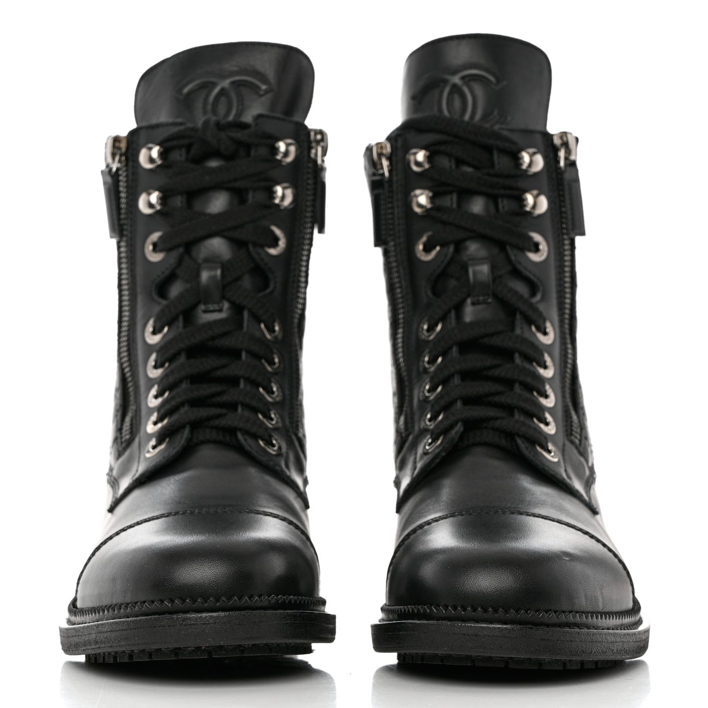 Calfskin Quilted Lace Up Combat Boots 38.5 Black